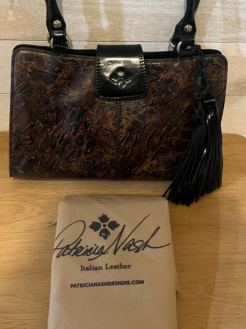 Patricia Nash Reinzo Animal Print Satchel Leather Shoulder Bag with Tassels